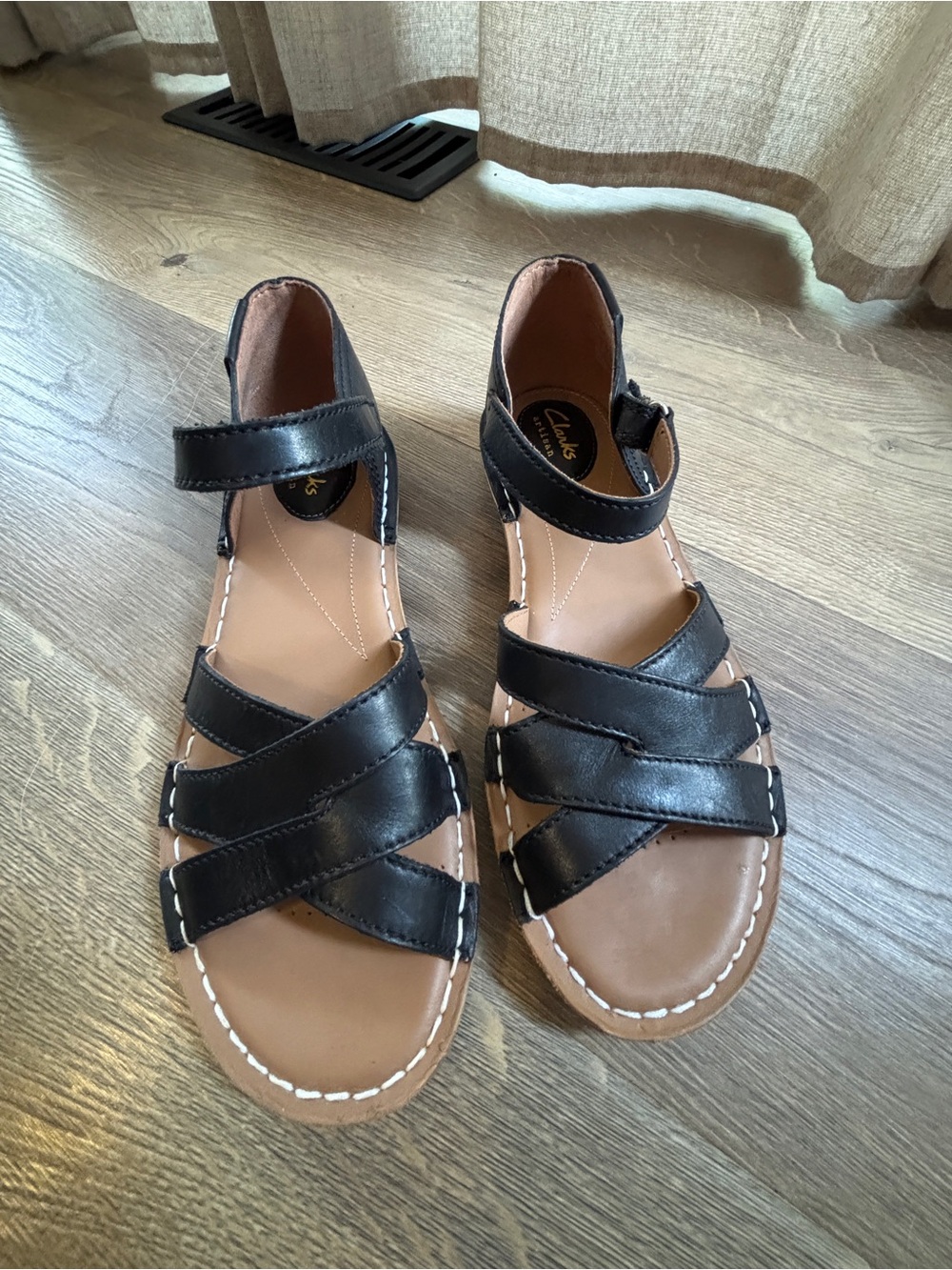 Clarks Black Leather Crisscross Ankle-Strap Sandals - Picture 4 of 5